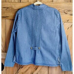 Stephanie Andrews Blue Denim Shirt Women Sz 14 Pleated 3/4 Sleeves Button Down